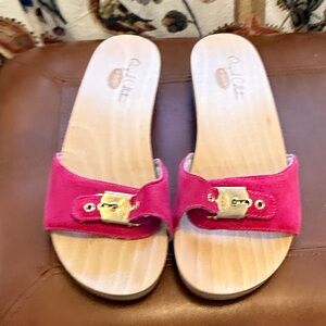 Dr. Scholl's Hot Pink Suede Slide Sandals with Gold Buckle